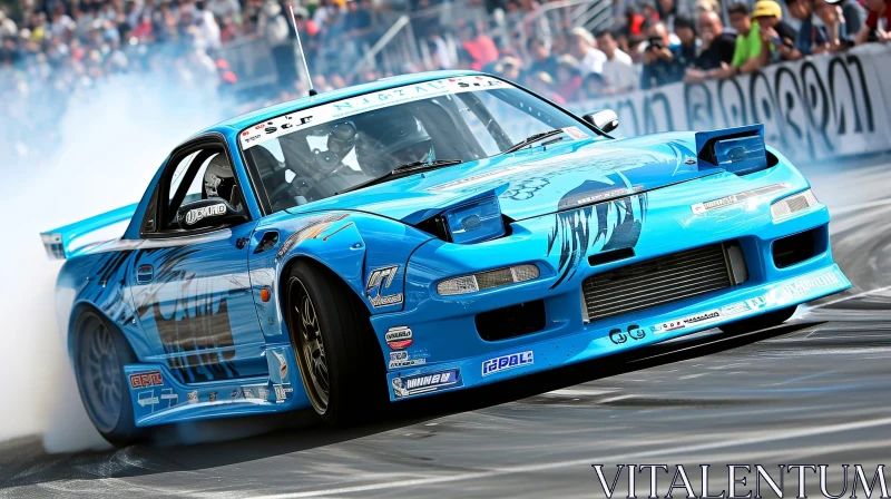 Blue Car Drifting on Track with Smoke - Racing Scene AI Image