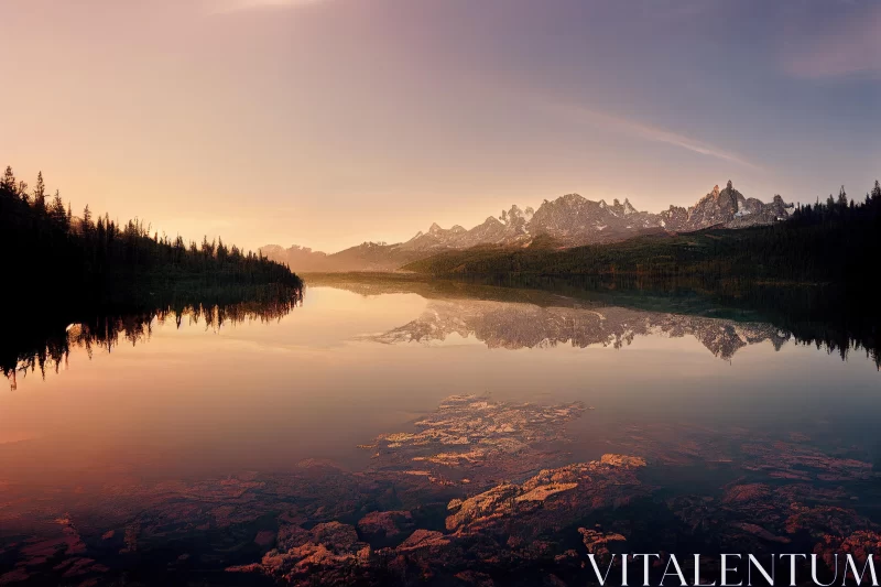 Breathtaking Sunset Over Lake with Reflecting Mountains AI Image