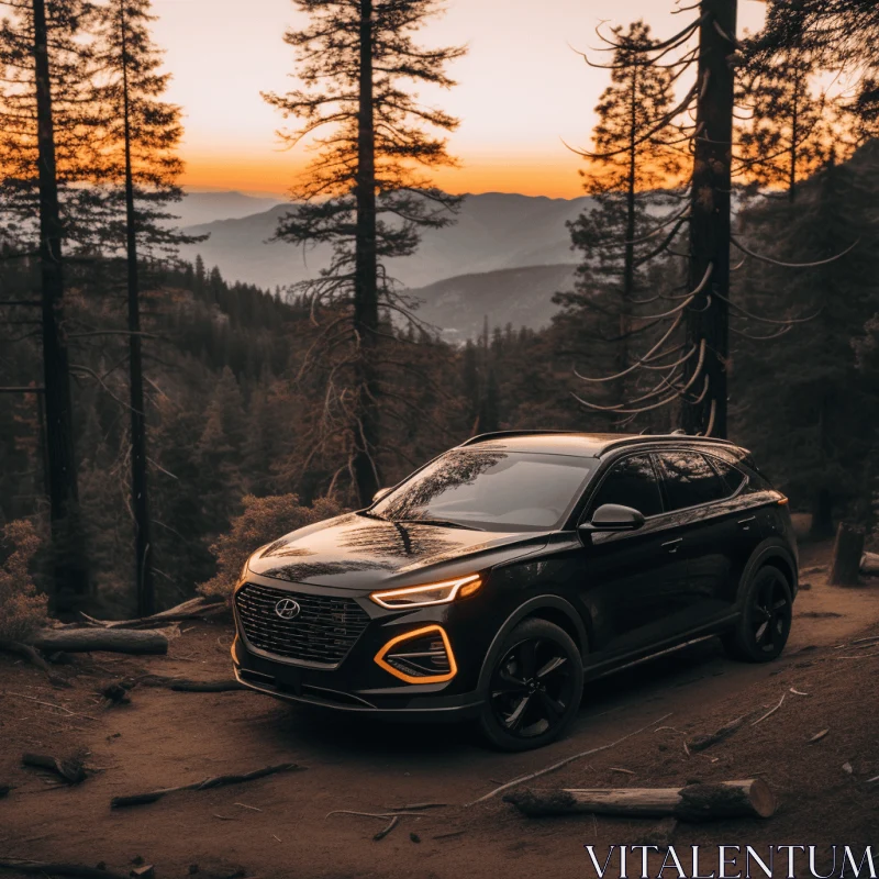 Captivating Sunset Drive: Black SUV in Wooded Area | Nature Photography AI Image
