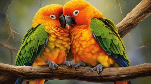 Colorful Parrots Painting on Branch