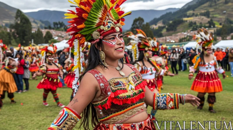 Colorful Traditional Costume Dance at Festival with Mountains AI Image