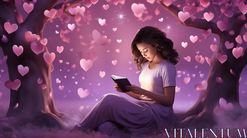 AI ART Enchanting Forest Scene with Young Woman Reading a Book