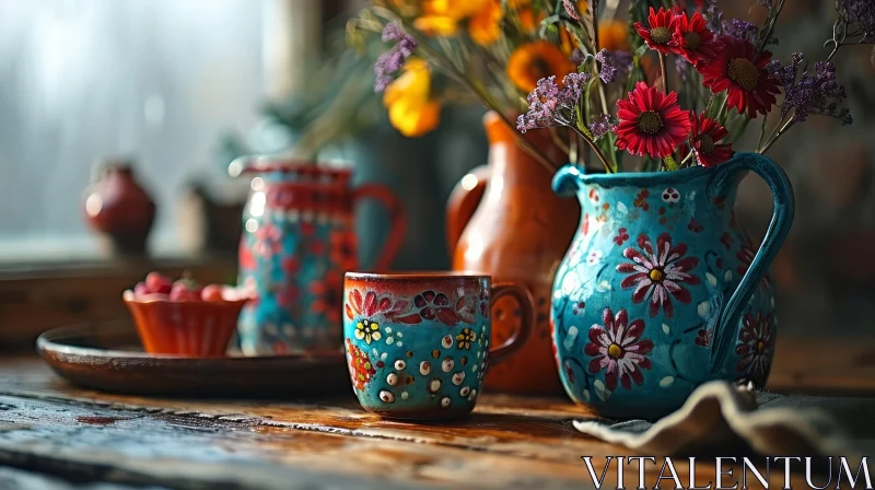 Exquisite Still Life: Ceramic Jug with Flowers and Berries AI Image