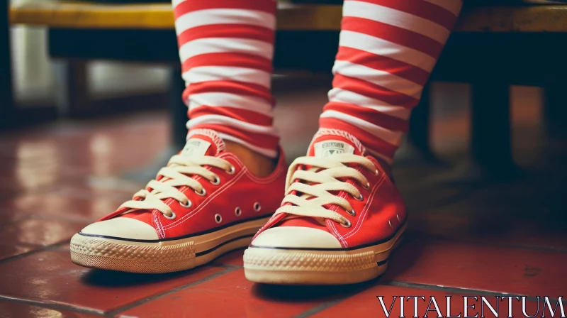 Red Converse Sneakers on Person with Striped Socks AI Image