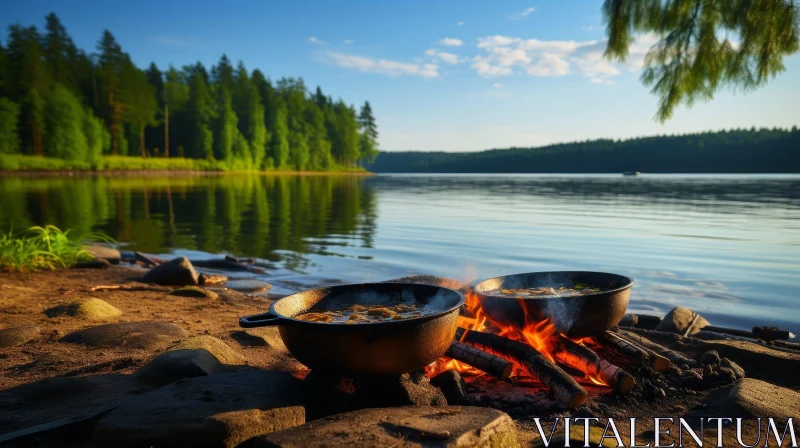 Serene Campfire Scene by the Lake AI Image