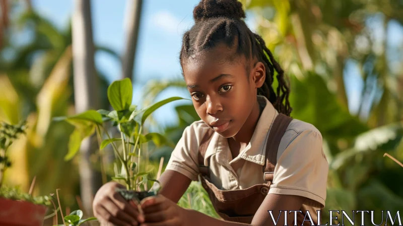 Serious African-American Girl Gardening with Small Plant AI Image