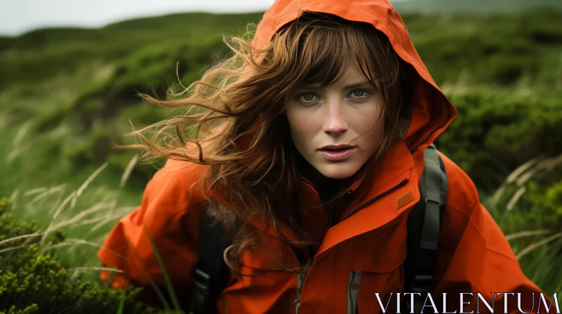 Serious Woman in Orange Raincoat Standing in Grass Field AI Image