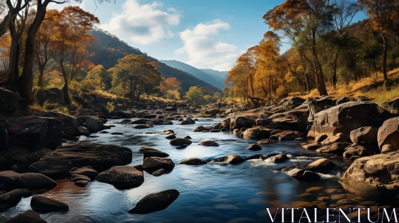 Tranquil River Landscape in a Verdant Valley AI Image