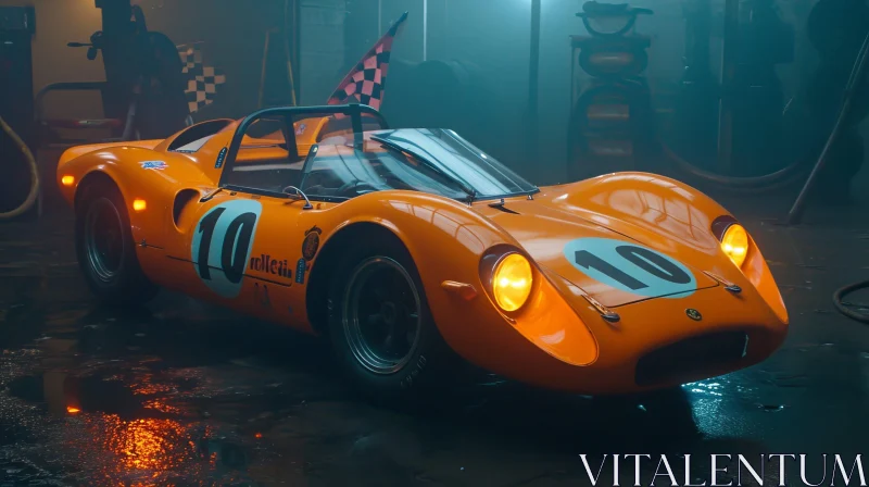 AI ART Vintage Orange Sports Car in Dimly Lit Garage