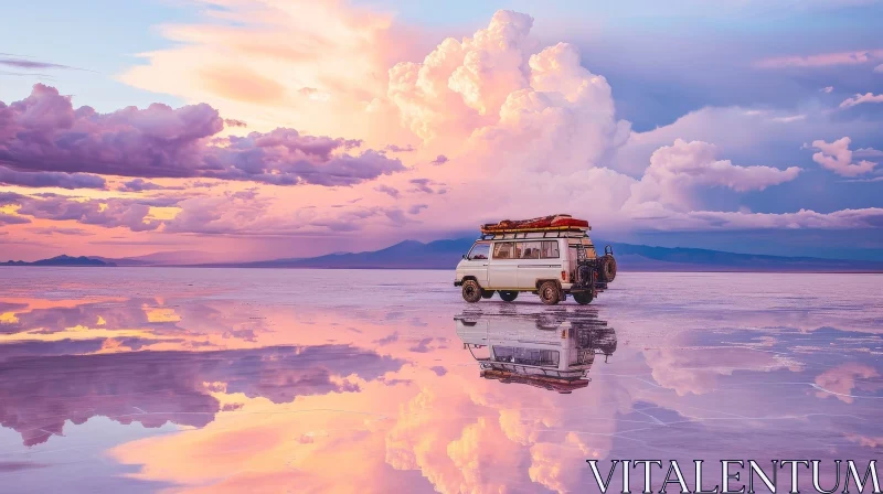 White Van on Salt Flat with Colorful Sky and Mountains AI Image