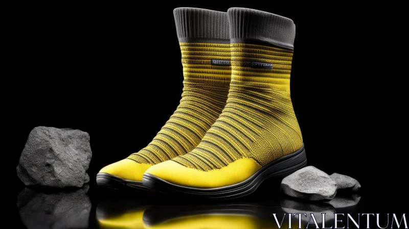 Yellow and Gray Geometric Pattern Socks on Reflective Surface AI Image