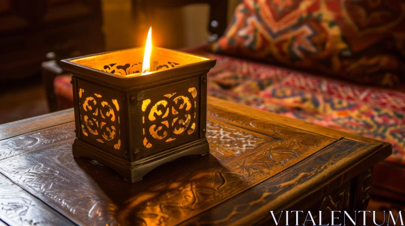 Captivating Candle in Metal Holder - Geometric Pattern on Wooden Table AI Image