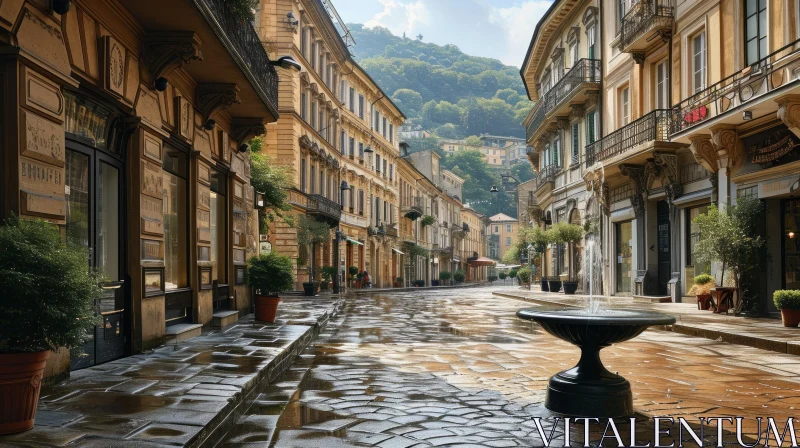 Charming European City Street with Cobblestones and Old Buildings AI Image