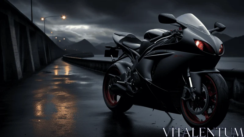 Dark and Intricate Black Motorcycle Parked on Street AI Image