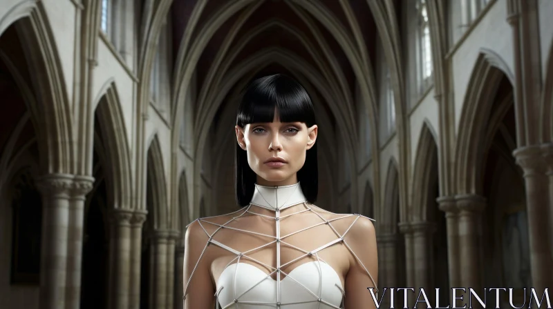 Futuristic White Dress Fashion in Church AI Image