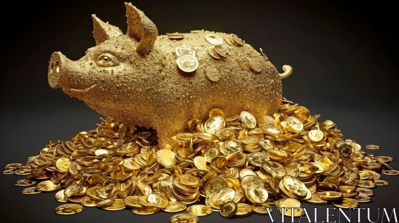 AI ART Gold Piggy Bank on Pile of Coins - Realistic 3D Rendering