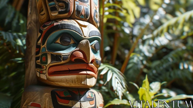 Intricately Carved Wooden Totem Pole Surrounded by Lush Foliage AI Image