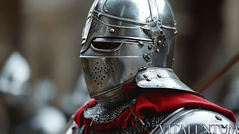 Medieval Knight's Helmet with Visor and Red Plume AI Image