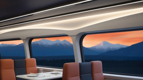 Modern Train Interior with Mountain View at Sunset