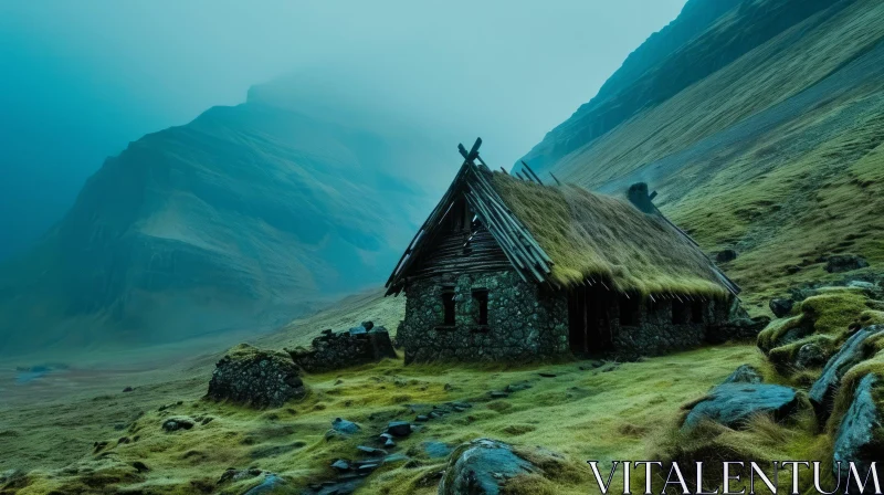 Mysterious Landscape: Abandoned House in a Rugged Valley AI Image