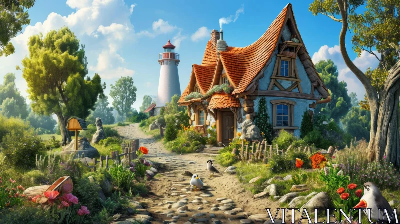 Serene Landscape with Cottage, Lighthouse, and Garden AI Image