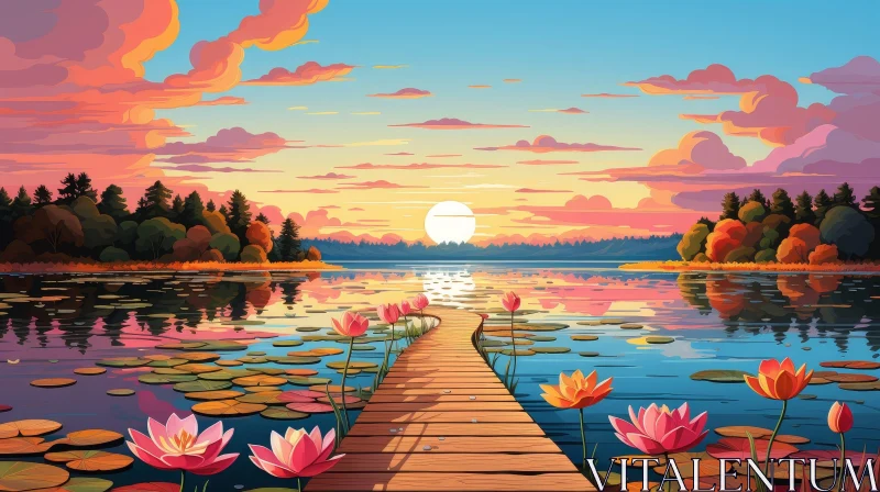 Tranquil Sunset Lake Landscape AI Image