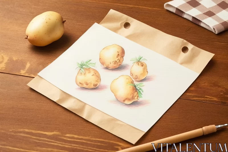 Vibrant Watercolor Drawing of Yellow Potatoes on Paper and Pencil AI Image