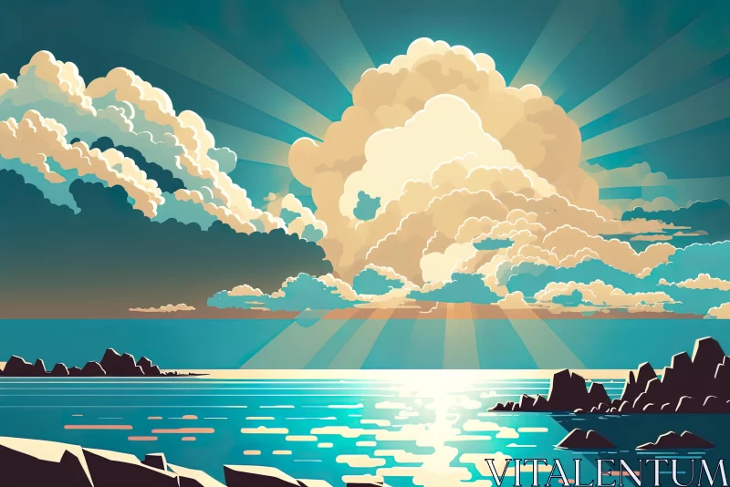 Vintage Poster Design: Detailed Landscapes of Clouds Above the Ocean AI Image
