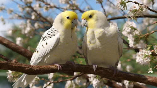 Yellow Parrots on Blooming Tree Branch