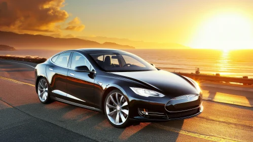 Black Tesla Model S Driving on Coastal Road at Sunset