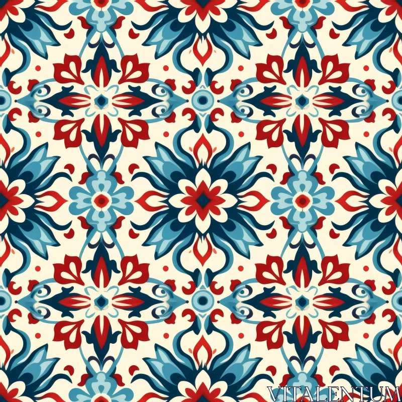 Blue and Red Floral Decorative Tile Pattern AI Image