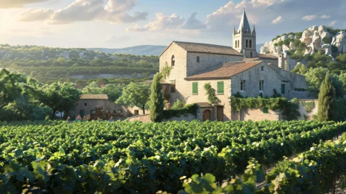 Captivating French Countryside Landscape with Vineyard and Stone House