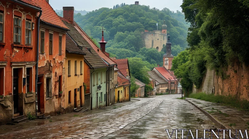 Charming European Town Street Scene with Old Buildings and Castle AI Image