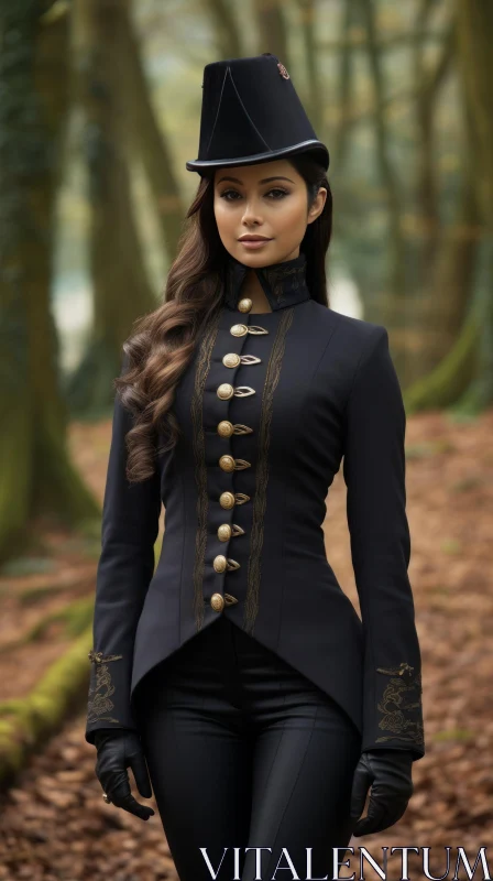 Confident Woman in Black Military-Style Jacket - Forest Portrait AI Image