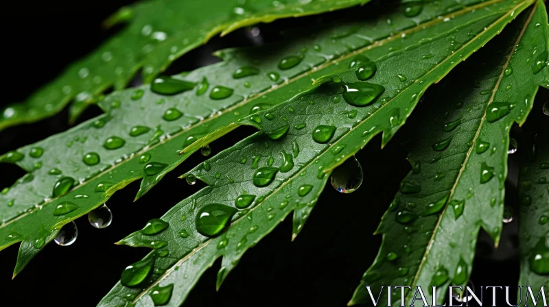 AI ART Dark Green Cannabis Leaf with Water Droplets - Close-up Studio Shot