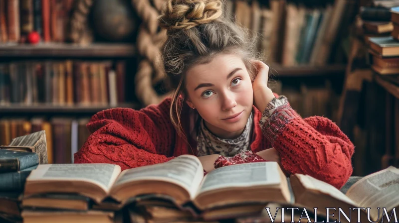 Enchanting Young Woman in Red Sweater Reading a Book in a Library AI Image