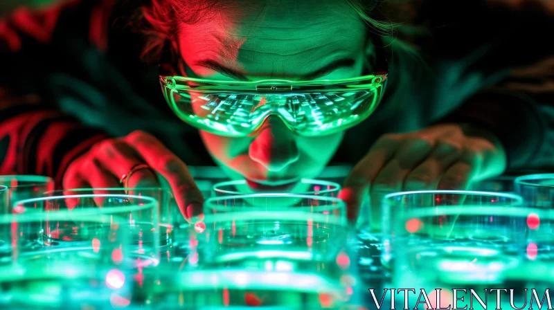 Enigmatic Image of a Woman in a Lab Coat and Glowing Petri Dishes AI Image