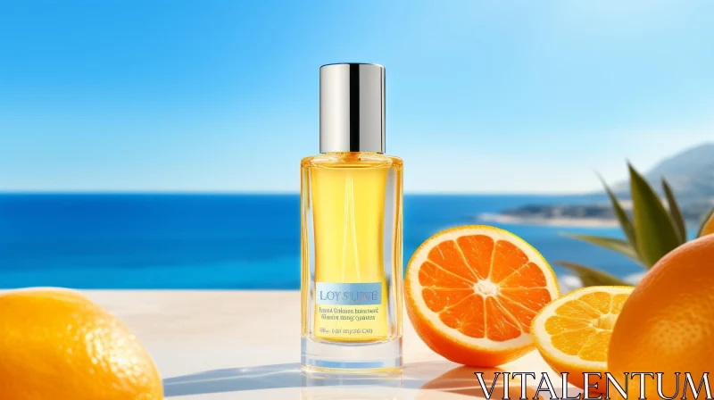 AI ART Glass Perfume Bottle on Table with Citrus Slices Against Sea and Sky