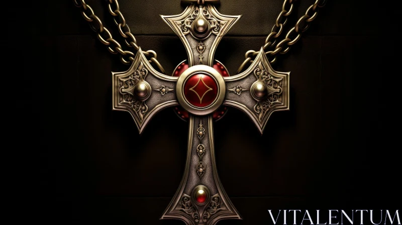 Intricate 3D Rendering of Silver Cross with Red Gem AI Image