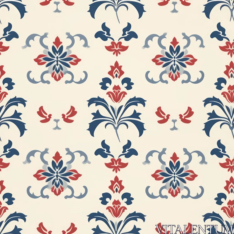 AI ART Red and Blue Floral Damask Pattern on Beige Background