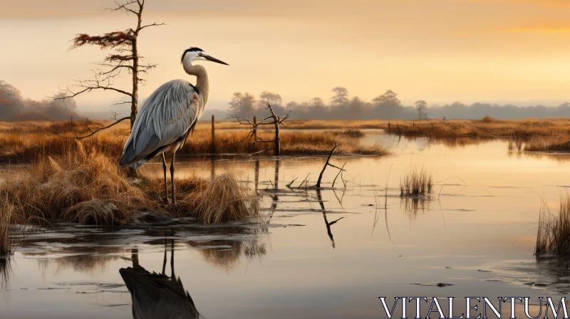 Serene Marsh Sunset with Majestic Heron AI Image