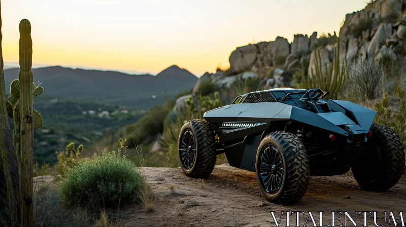 Sleek Black Futuristic Buggy in Desert Setting AI Image