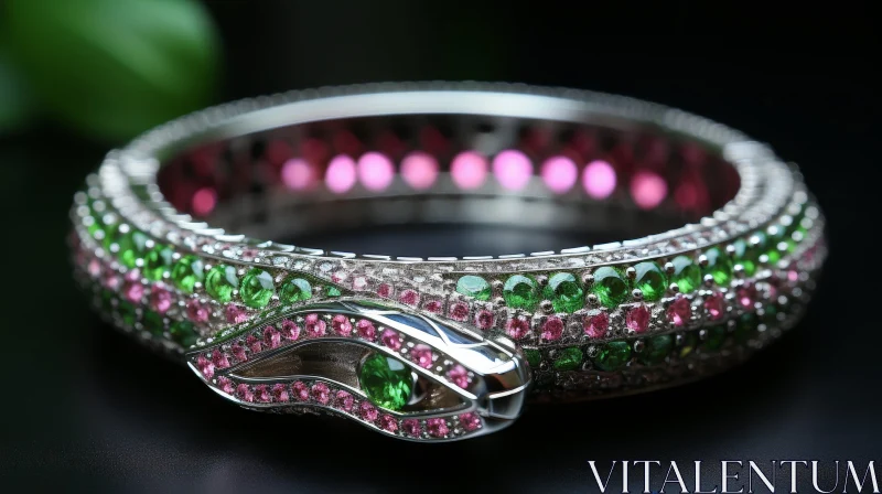 Snake-Shaped Bracelet with Green and Pink Gemstones AI Image