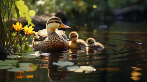 Tranquil Duck and Ducklings Swimming in Pond