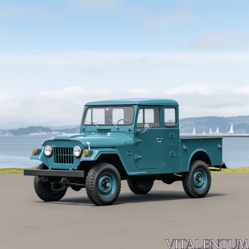 Vintage Turquoise Pickup Truck by the Mesmerizing Blue Sea AI Image