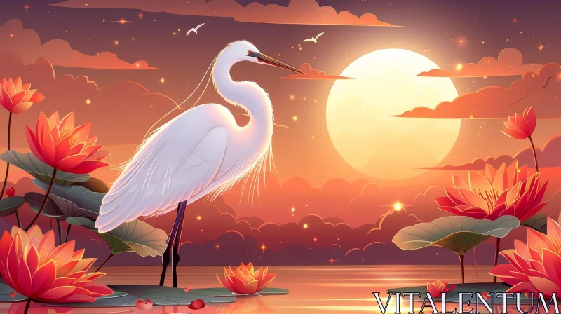 AI ART White Egret and Water Lilies in Moonlight Pond