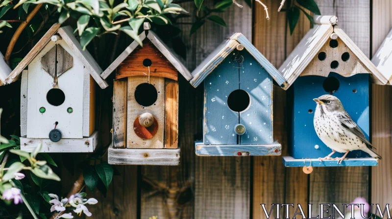 Wooden Birdhouses in Backyard with Colorful Birds AI Image