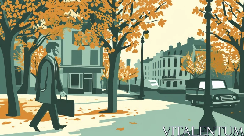 AI ART Autumnal Stroll: Vector Illustration of a Man Walking down a Tree-Lined Street