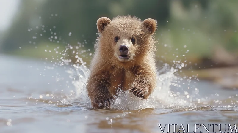 Brown Bear Cub Running in Water AI Image
