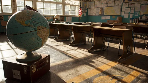 Captivating Classroom: Sunlit Wooden Desks and Chalkboard